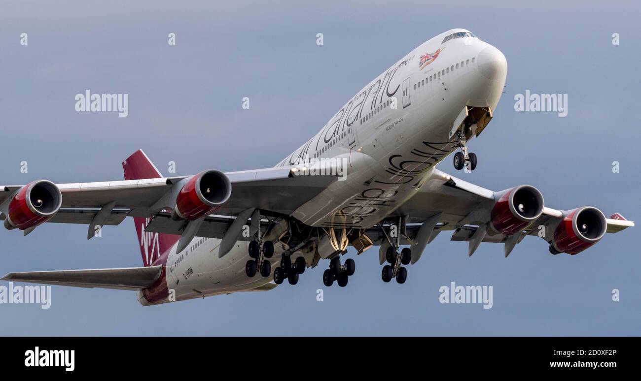 Virgin Atlantic Boeing 747 Jumbo Jet plane taking off from London Heathrow Airport, UK, after storage. Premature retirement due COVID19. Final flight Stock Photo