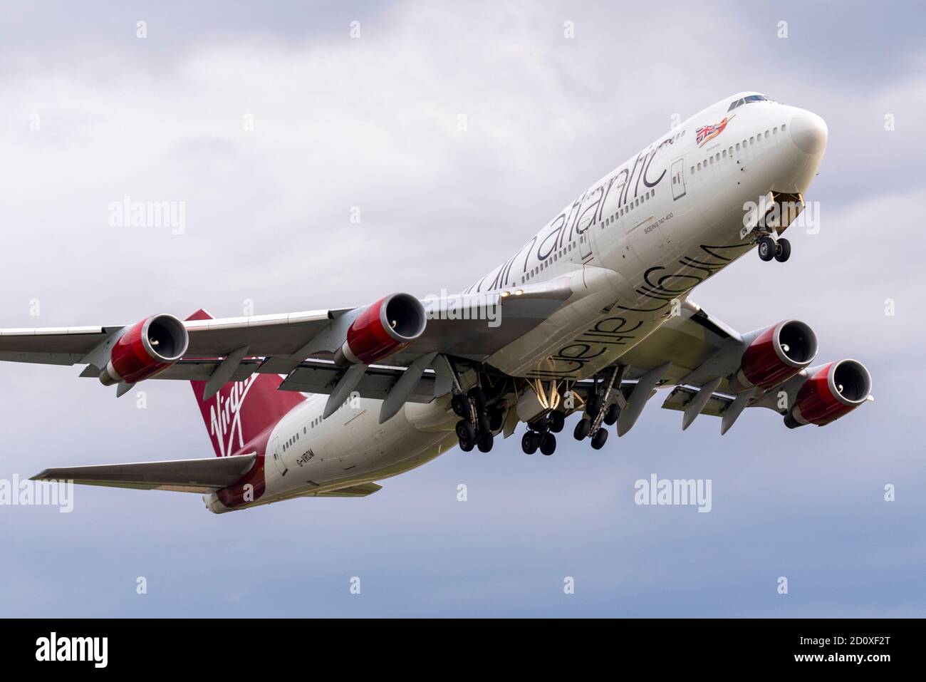 Virgin Atlantic Boeing 747 Jumbo Jet plane taking off from London Heathrow Airport, UK, after being stored. Premature retirement due COVID19. Leaving Stock Photo