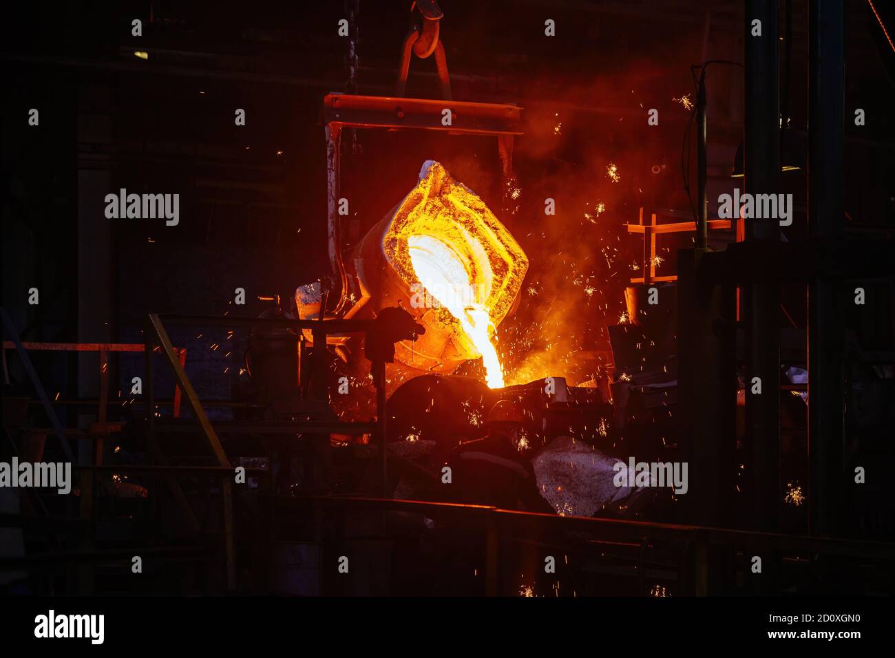 Metal casting process in metallurgical plant. Liquid metal pouring into