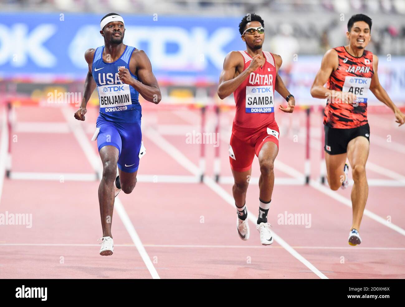 Rai Banjamin (USA), Abderrahman Samba (QAT) Takatoshi Abe (JPN). 400 metres hurdles semifinal. World Athletics Championships, Doha 2019 Stock Photo