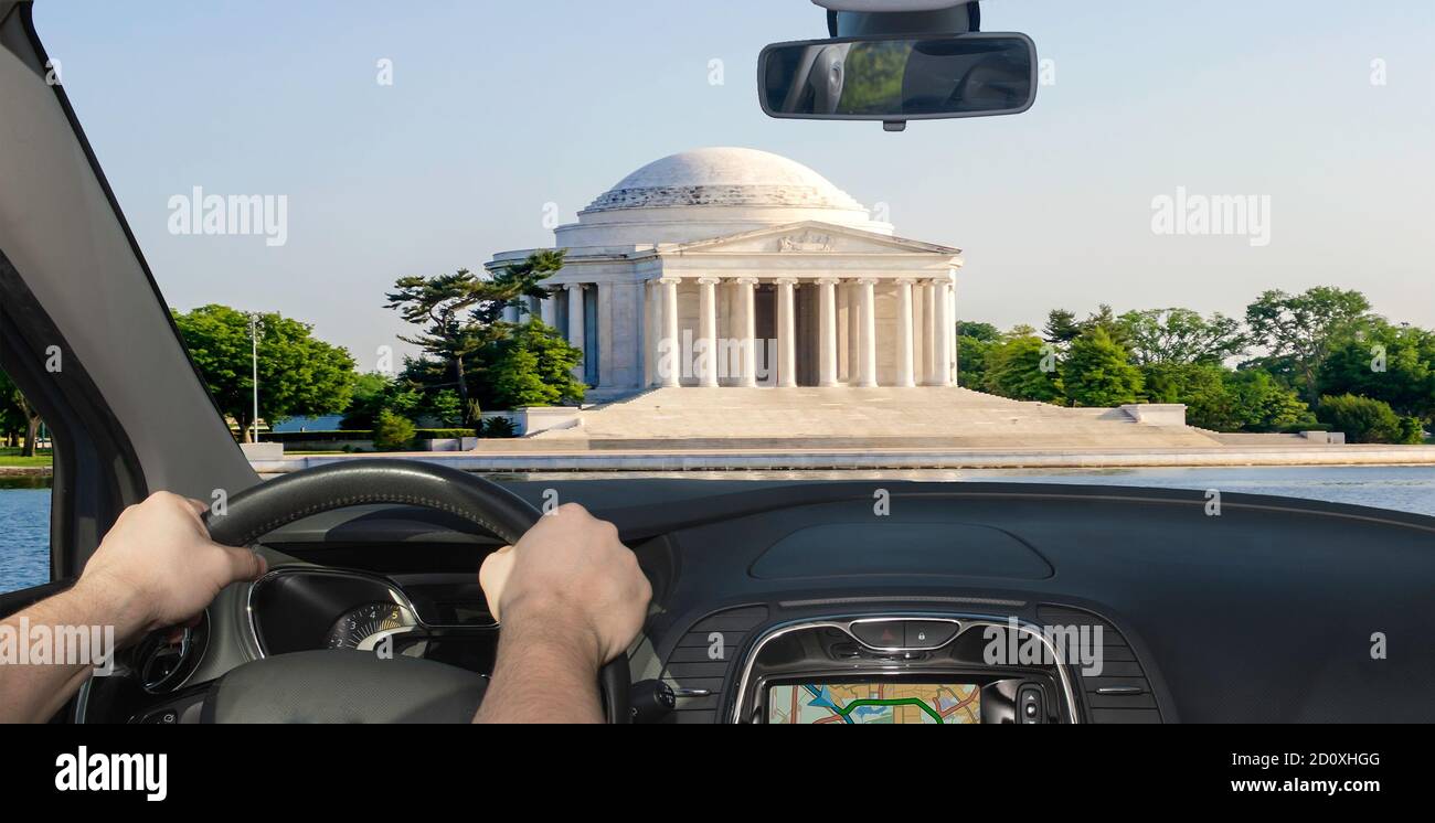 Driving a car towards the iconic Jefferson Memorial in Washington DC