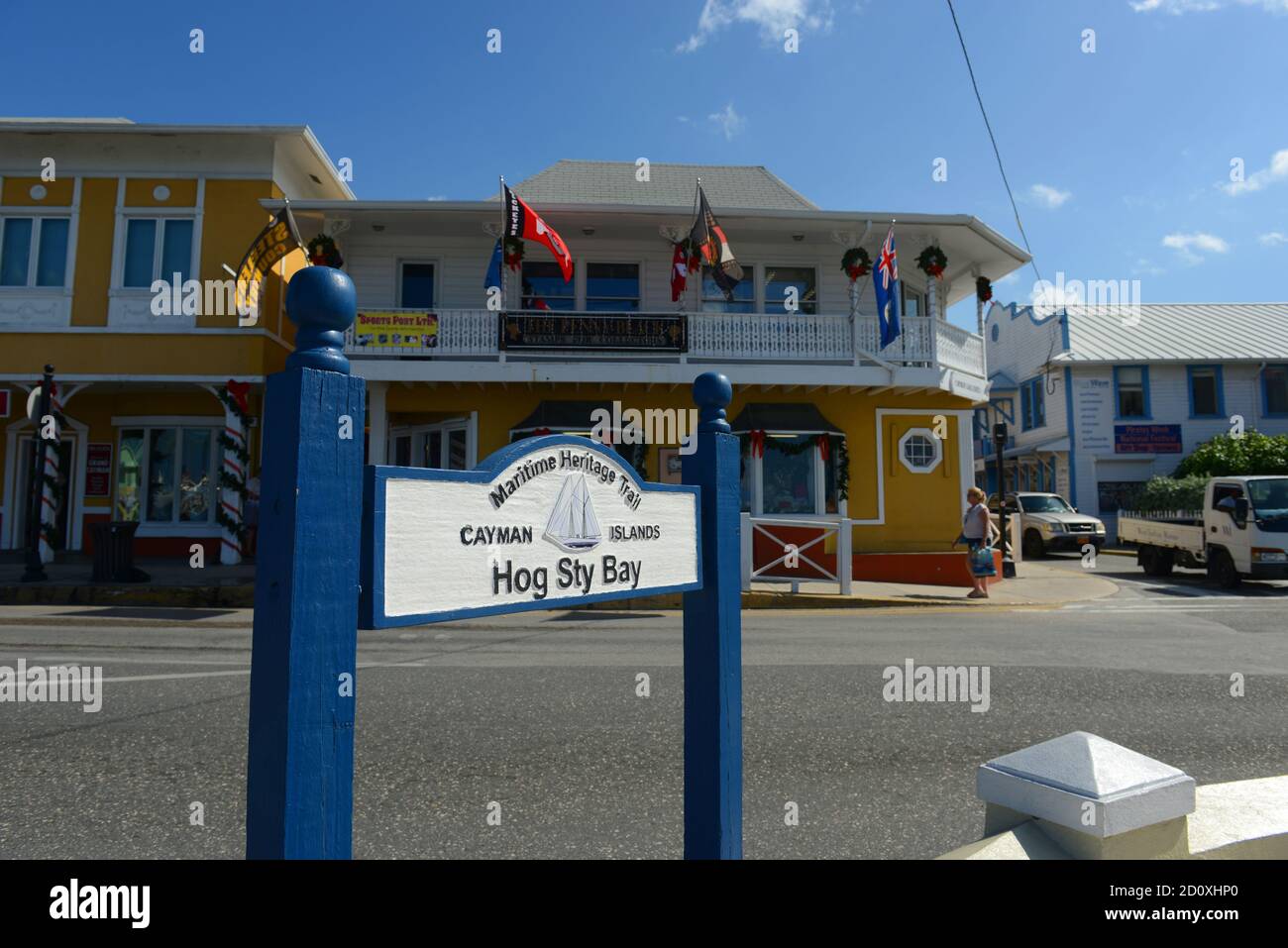 Sign of Hog Sty Bay on Maritime Heritage Trail in downtown George Town, Grand Cayman, Cayman Islands. Stock Photo