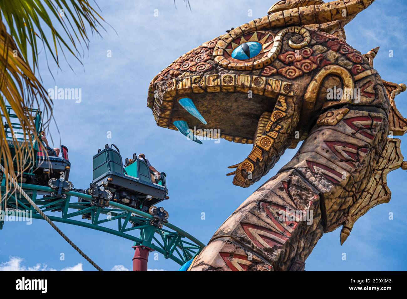 Thrill seekers enjoying the Cobras Curse, a vertical-lift, spinning-car exteme roller coaster ride at Busch Gardens Tampa Bay in Tampa, Florida. (USA) Stock Photo