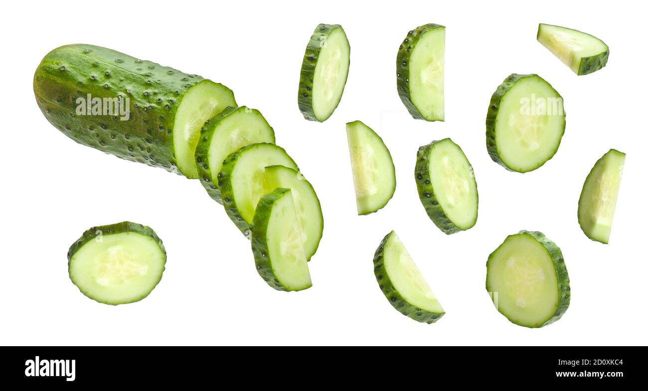 Sliced cucumbers isolated on white background. green. Stock Photo