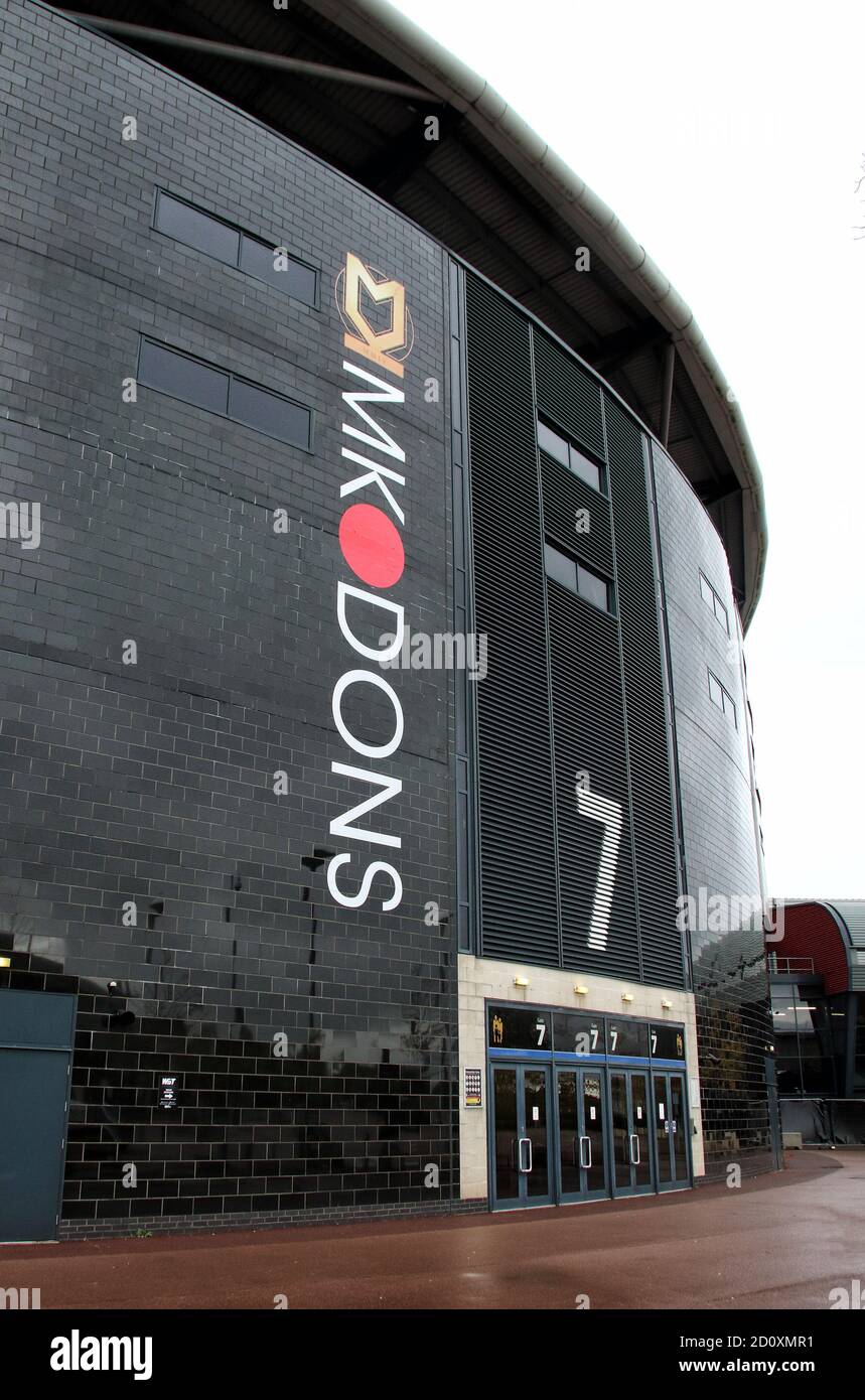Milton Keynes, UK. 03rd Oct, 2020. MK Dons logo seen above the entrance to the stadium.EFL Sky Bet League One club MK Dons continues to play matches behind closed doors during the Covid-19 restrictions. The club's Marshall Arena is empty on a day they are playing league leaders Ipswich Town and would likely have had a full house. Many clubs outside the English Premier League fear for their future without any financial help with no revenue coming in on match days. Result of the game - MK Dons drew with Ipswich Town 1-1 in the EFL Sky Bet League One. Credit: SOPA Images Limited/Alamy Live News Stock Photo
