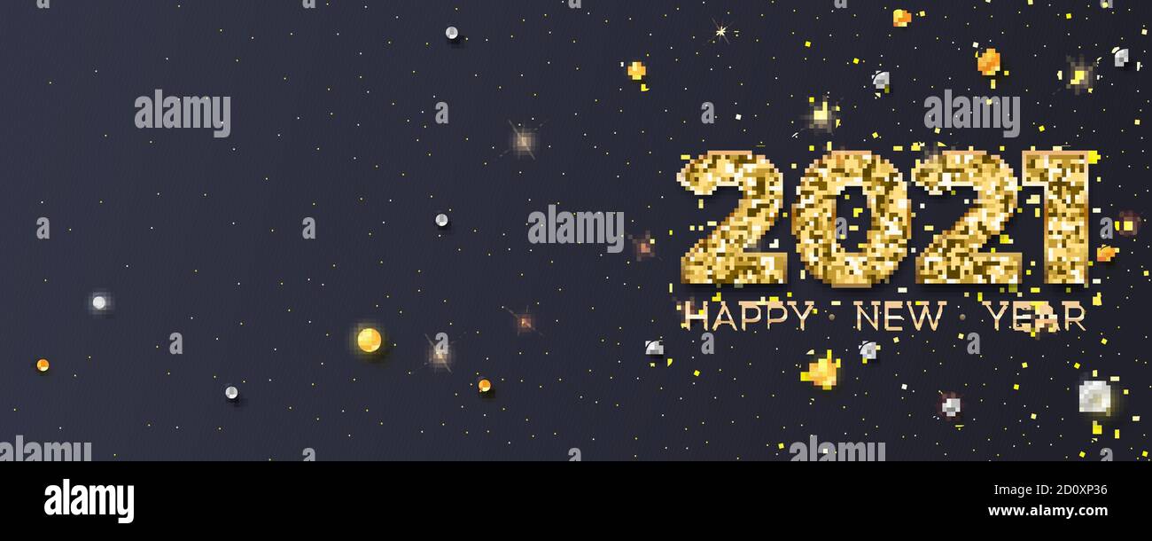 Happy New Year 2021. Glittering golden dust and pearls on black ...