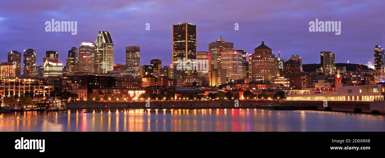 Panoramic view of Montreal skyline at dusk, Quebec Stock Photo