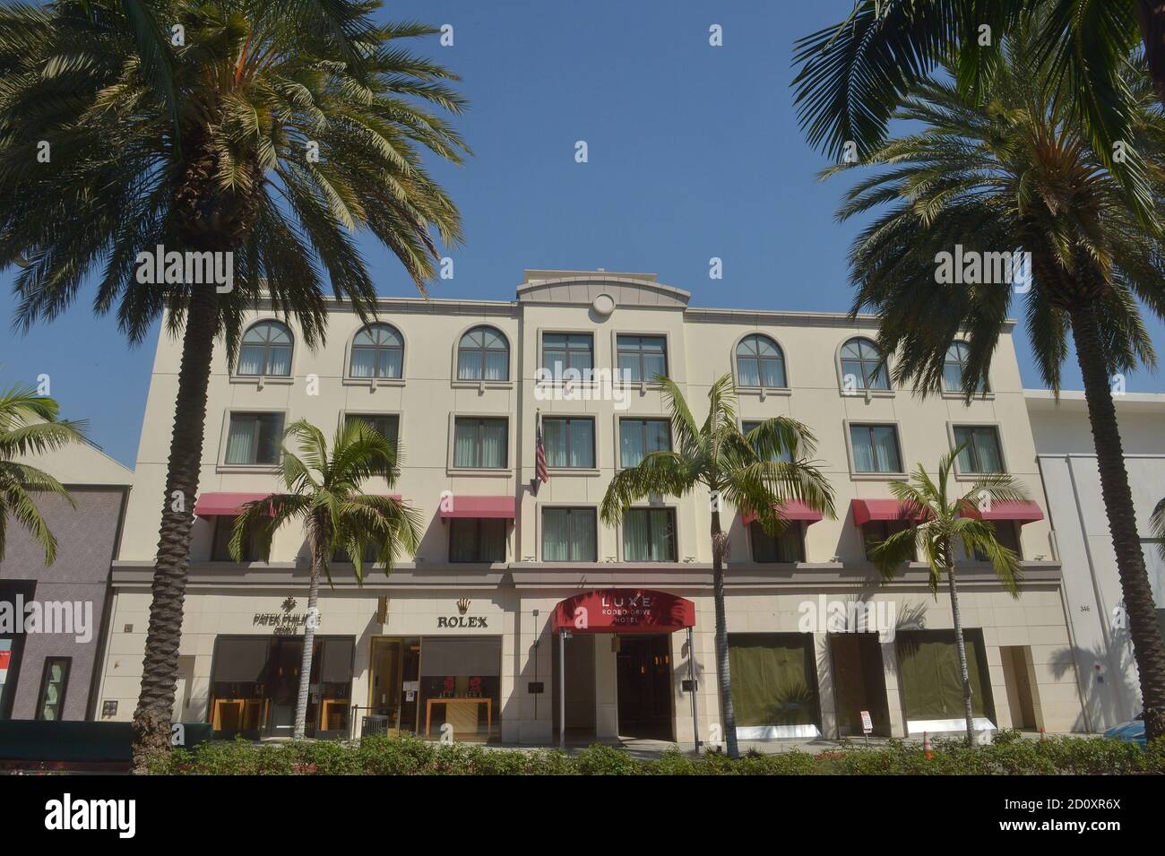 Beverly Hills, United States. 03rd Oct, 2020. The Luxe Rodeo Drive hotel in Beverly Hills is pictured on Friday, October 2, 2020. The hotel has shut down, citing the financial effects of the COVID-19 crisis, as the steep decline in tourism and business travel has devastated the hotel industry. The Luxe Rodeo Drive hotel is the Los Angeles area's first high-end hotel to go out of business because of the pandemic. Photo by Jim Ruymen/UPI Credit: UPI/Alamy Live News Stock Photo