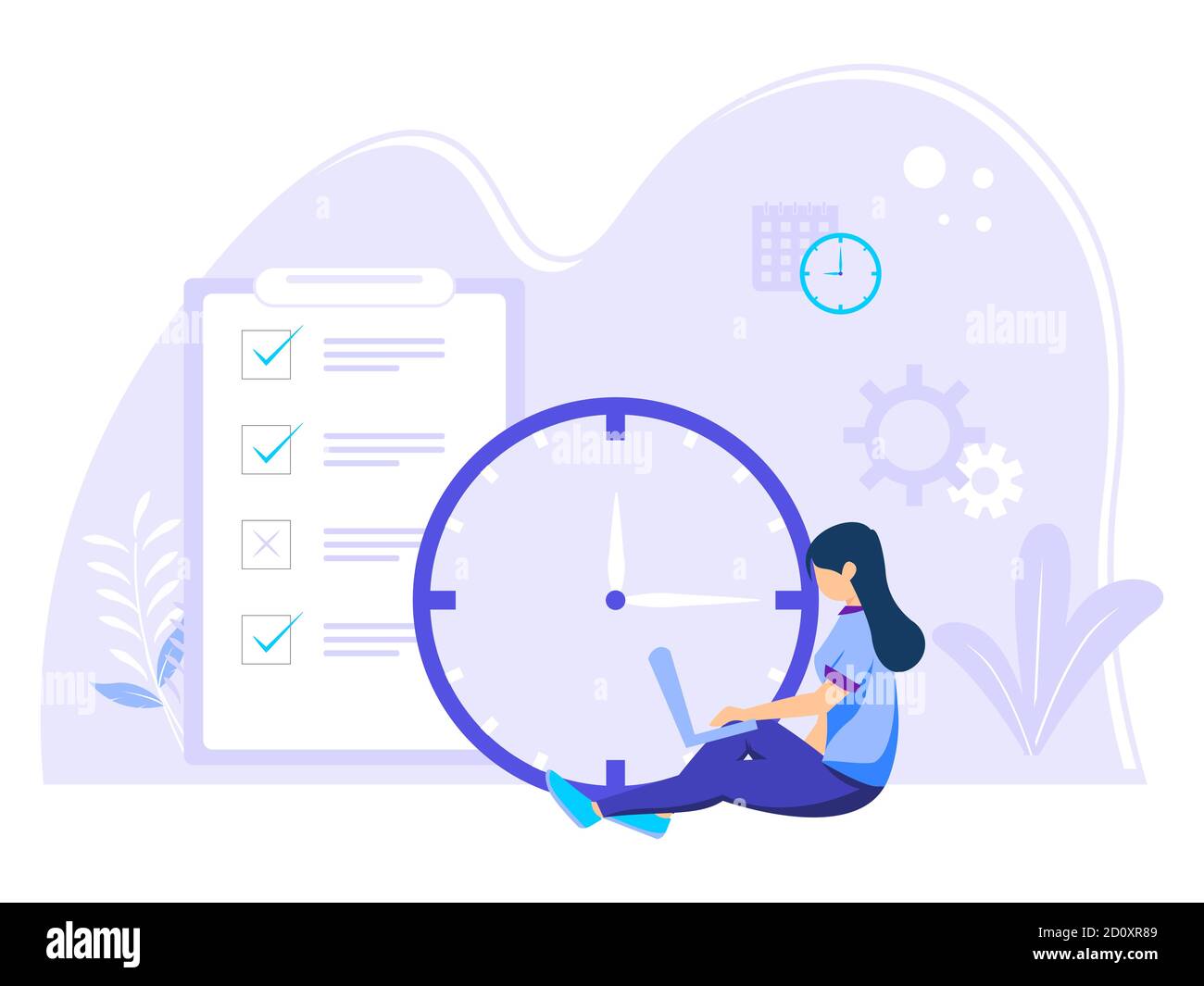 Planning concept. woman sitting by doing a job with a deadline. vector ...