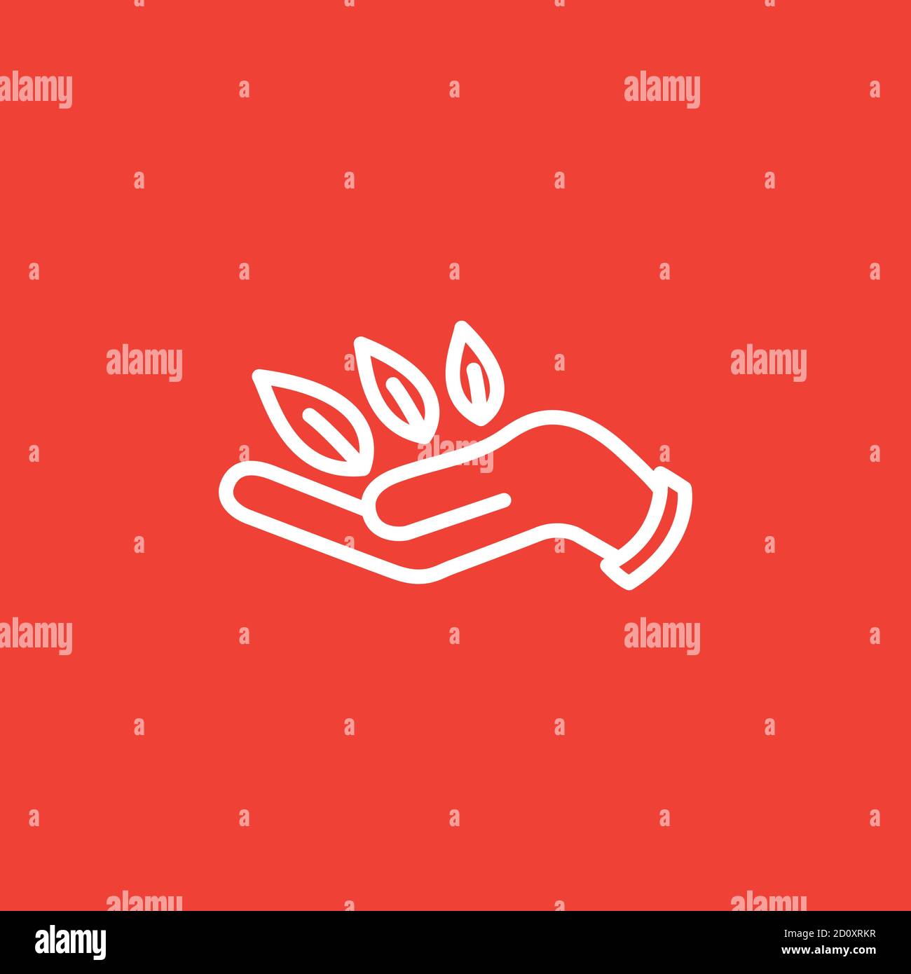 Leaf in Hand Line Icon On Red Background. Red Flat Style Vector Illustration. Stock Vector
