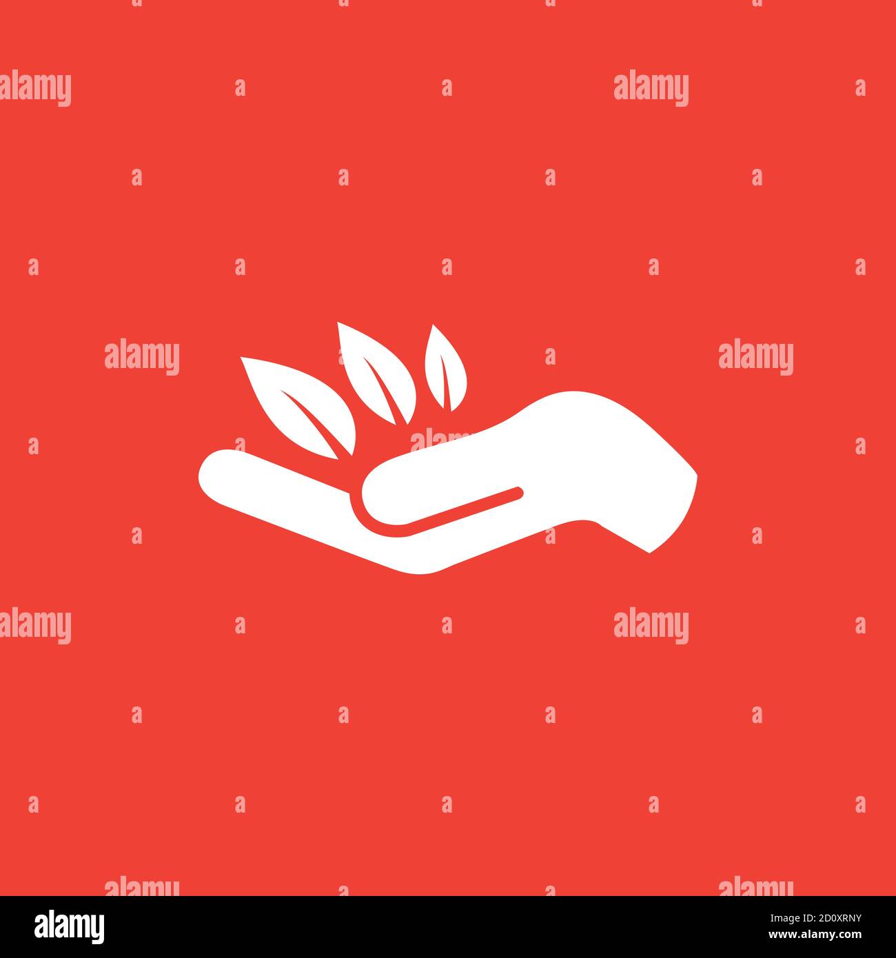 Leaf in Hand Icon On Red Background. Red Flat Style Vector Illustration. Stock Vector