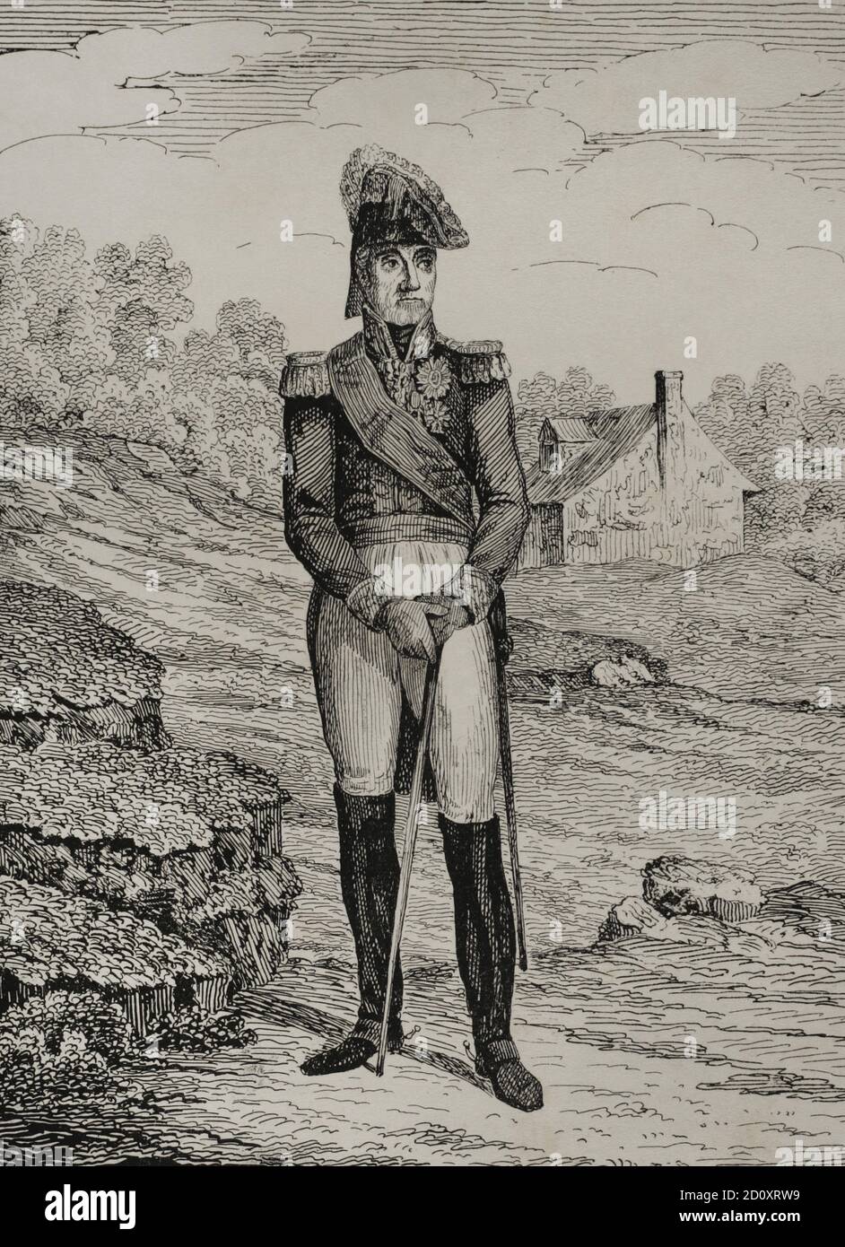 Auguste Marmont (1774-1852). Militar francés. Mariscal del Imperio desde 1809. Ilustración por Francisco Pérez. Litografía por Julio Donón. Historia del Levantamiento, Guerra y Revolución Española, por el Conde de Toreno,1851. Stock Photo