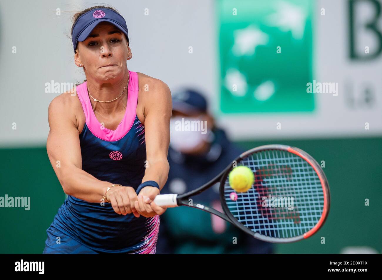 201004) -- PARIS, Oct. 4, 2020 (Xinhua) -- Irina Bara of Romania hits a  return during the women's singles third round match between Sofia Kenin of  the United States and Irina Bara