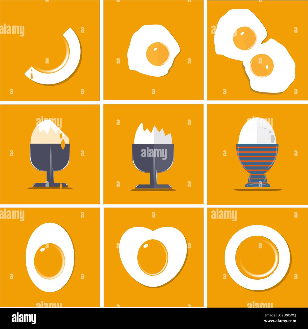 Egg collection flat vector illustration set isolated on yellow background with copy space Stock Vector