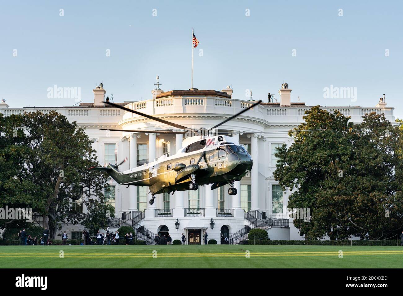 Washington, United States Of America. 02nd Oct, 2020. Marine One carrying President Donald J. Trump aboard departs the South Lawn of the White House Friday, Oct. 2, 2020, en route to Walter Reed National Military Medical Center in Bethesda, Md People: President Donald Trump Credit: Storms Media Group/Alamy Live News Stock Photo