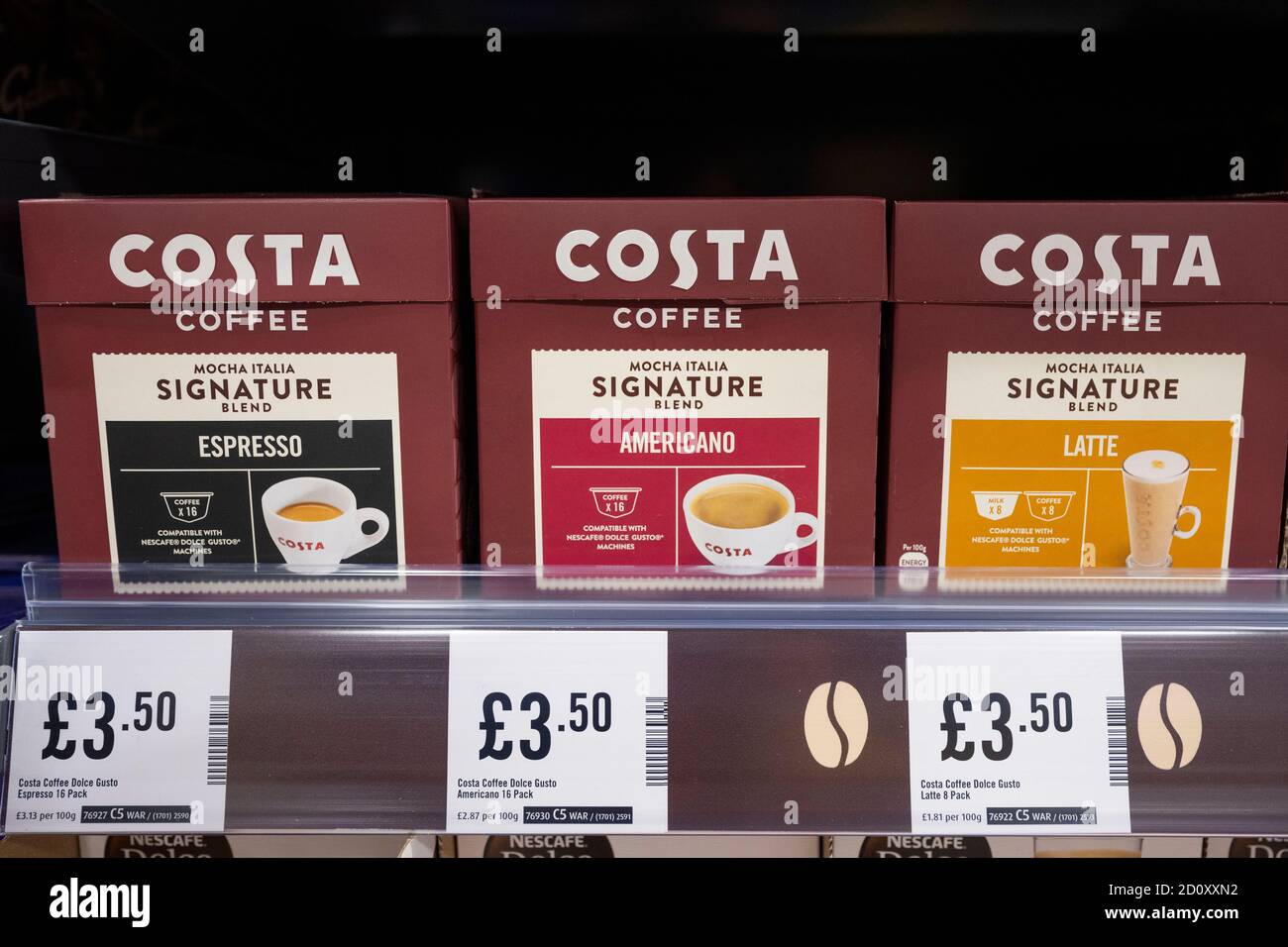 Packets of Costa Coffee for sale in a supermarket on a shelf in Cardiff, Wales, United Kingdom. Stock Photo