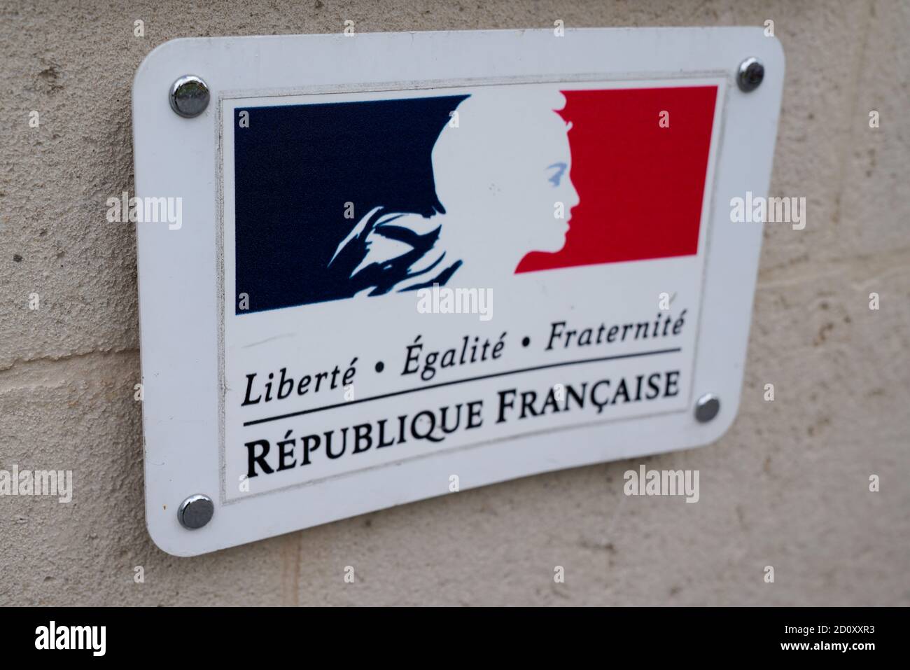 Bordeaux , Aquitaine / France - 09 25 2020 : Republique Francaise sign text and logo of France Republic freedom equality fraternity french panel board Stock Photo