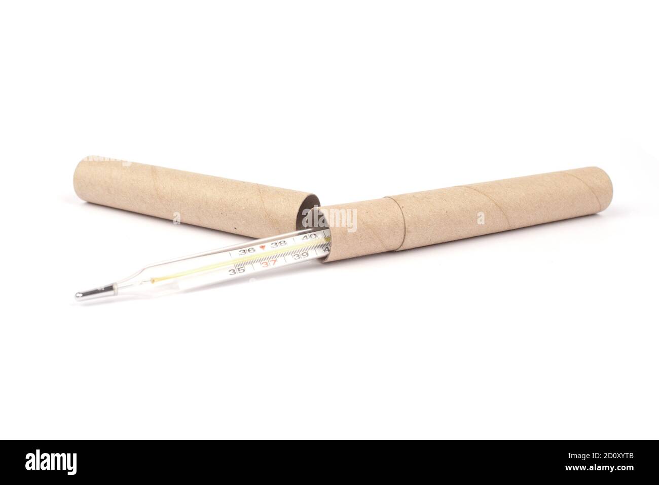 Mockup image of glass mercury thermometer packed in paper tube isolated