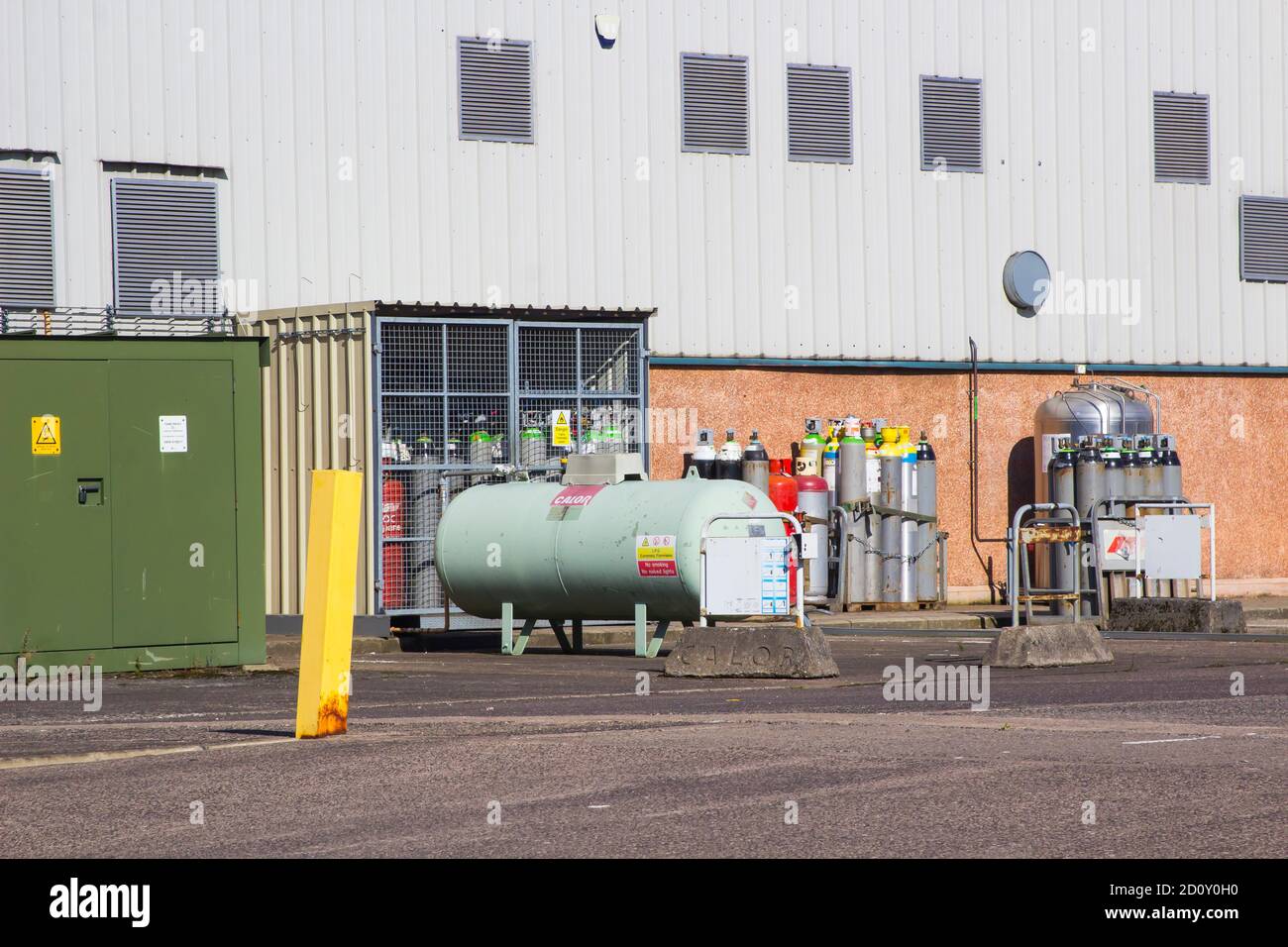 27 September 2020. Titanic Quarter, Belfast Northern Ireland. A range of Calor  Gas storage containers some of them in a protected cage located behind  Stock Photo - Alamy