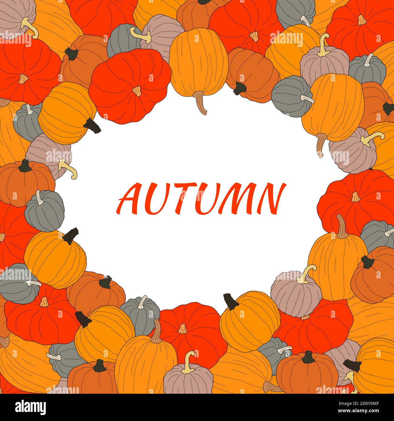 Autumn text vector banner with colorful pumpkins on transparent background. Vector illustration on doodle style. Decoration for greeting cards, poster Stock Vector