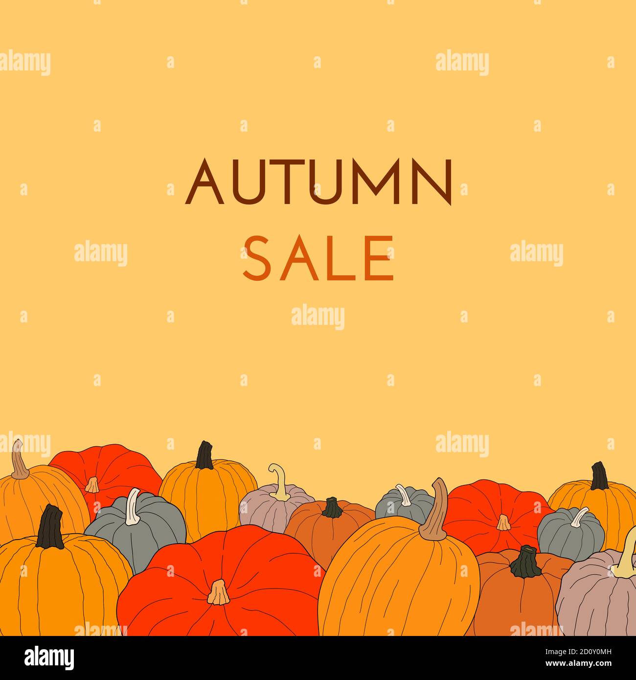 Autumn sale text vector banner with colorful pumpkins on orange background for shopping discount promotion. Vector illustration on doodle style. Stock Vector