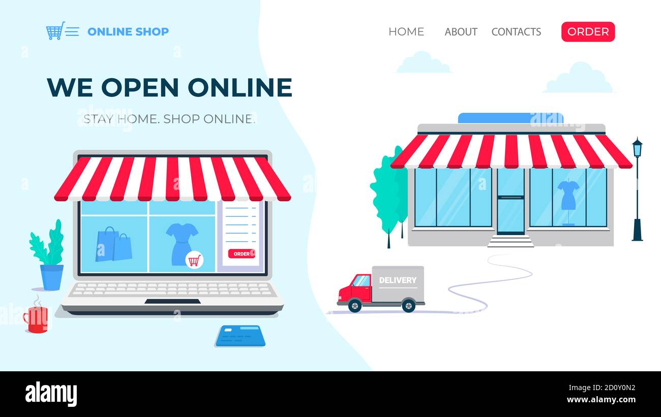 Online shopping web design shop building and online store on computer screen. Stock Vector