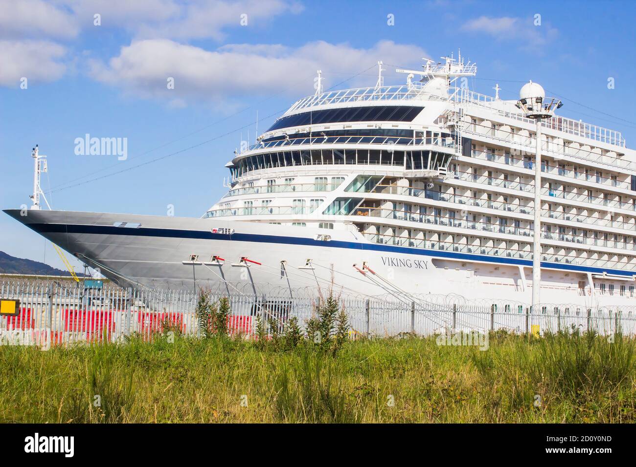 27 September 2020 MV Viking Sky, a modestly sized cruise liner, berthed in the Tiitanic Quarter on Queens Island in Belfast Northern Ireland on a beau Stock Photo