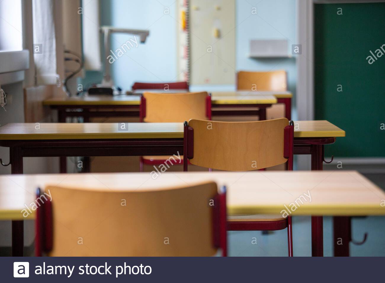 A school classroom empty of students in Bavaria, Germany as Covid-19 figures rise again casting doubt on schools' ability to stay open Stock Photo