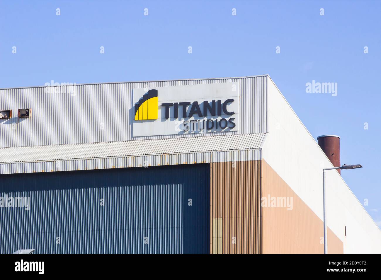 27 September 2020 The business logo sign of the now world famous Titanic Studios located on top of the 106000 square foot studio building in Belfast N Stock Photo