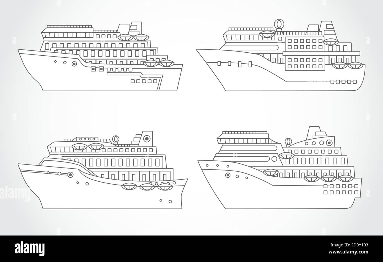 Vector set of cruise ships. Black outlines. Stock Vector