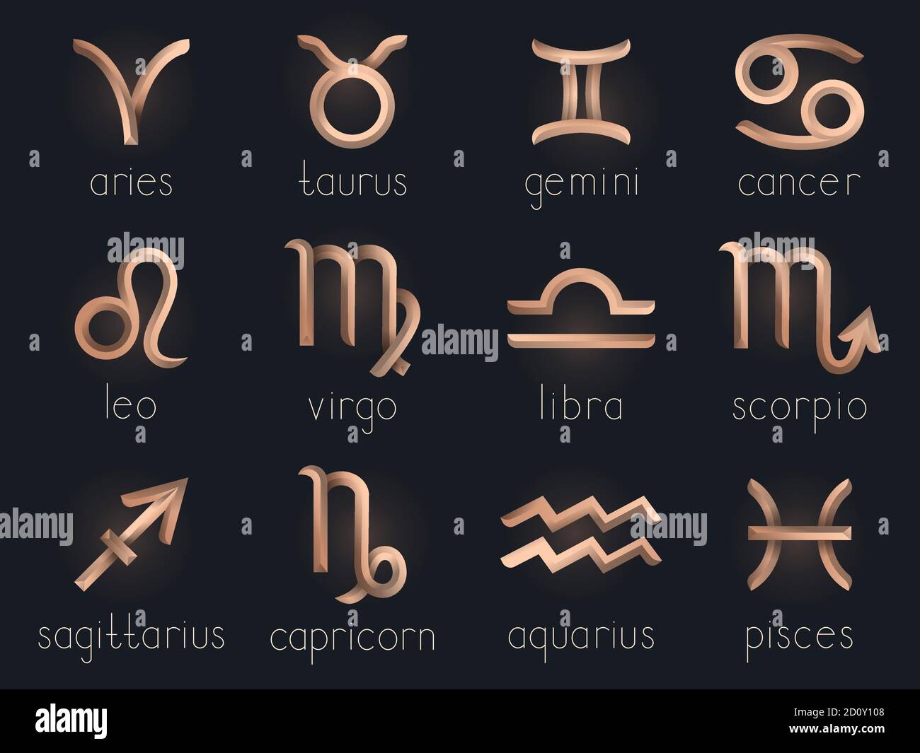 Vector set of Gold zodiac signs. Horoscope symbols collection