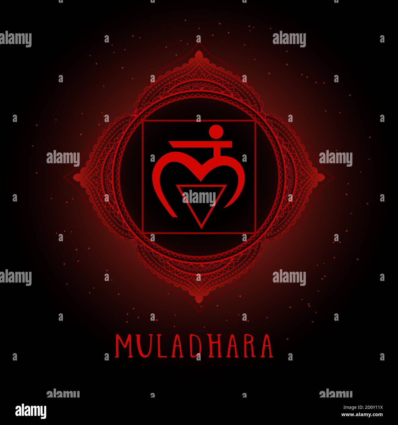 Vector illustration with symbol Muladhara - Root chakra on black background. Round mandala pattern and hand drawn lettering. Colored. Stock Vector