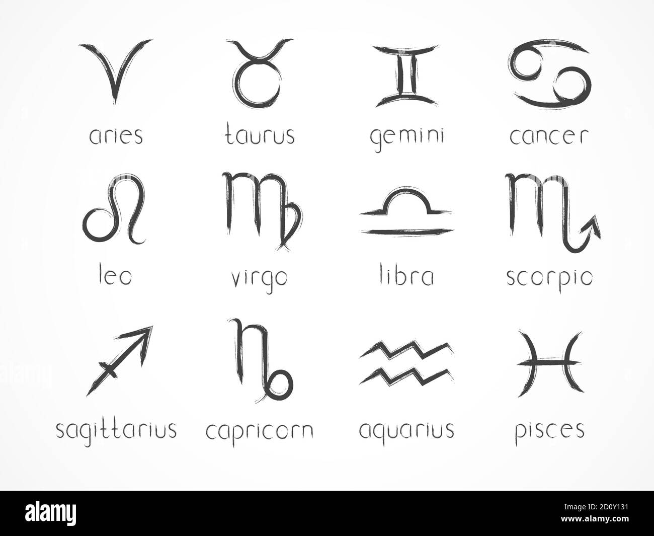 Vector set of zodiac signs. Hand drawn elements. Horoscope symbols collection: aries, taurus, gemini, cancer, leo, virgo, libra, scorpio, sagitarius, Stock Vector