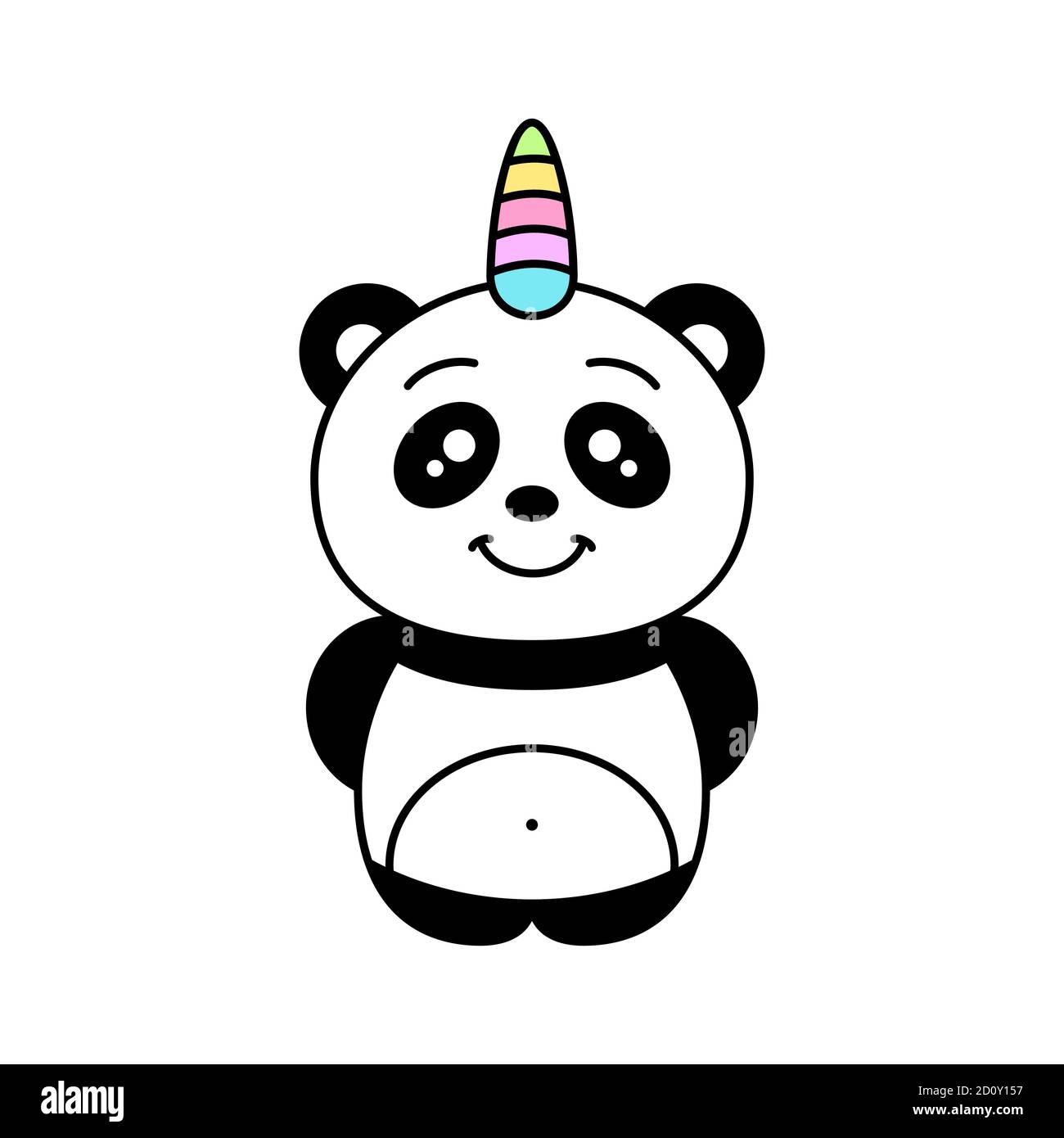Panda Unicorn cartoon character. Funny kawaii pandacorn smiling. Cute baby panda with colorful rainbow horn. Fantasy animal standing. Isolated. Vector Stock Vector