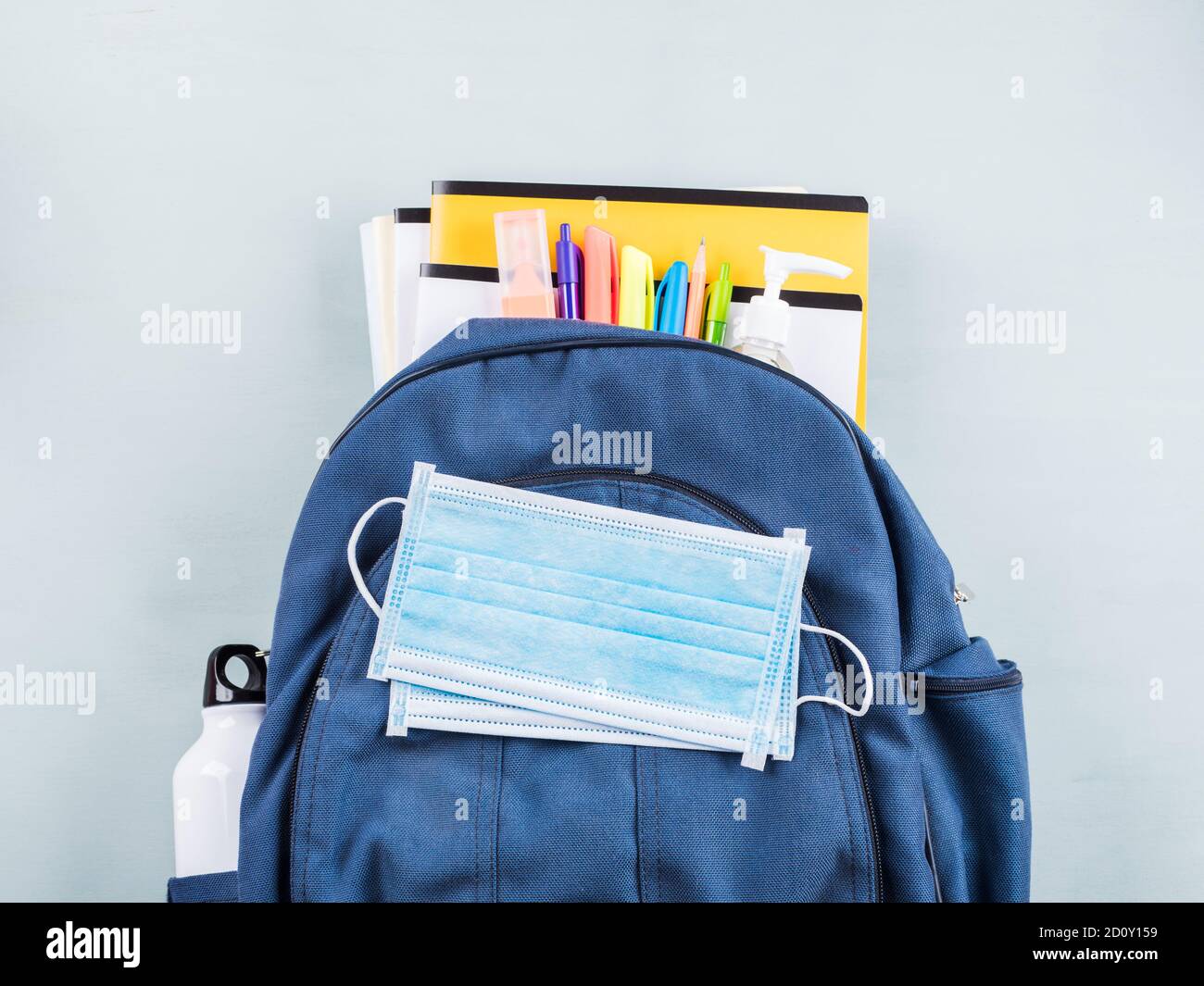 New school set including face mask, sanitizer Stock Photo