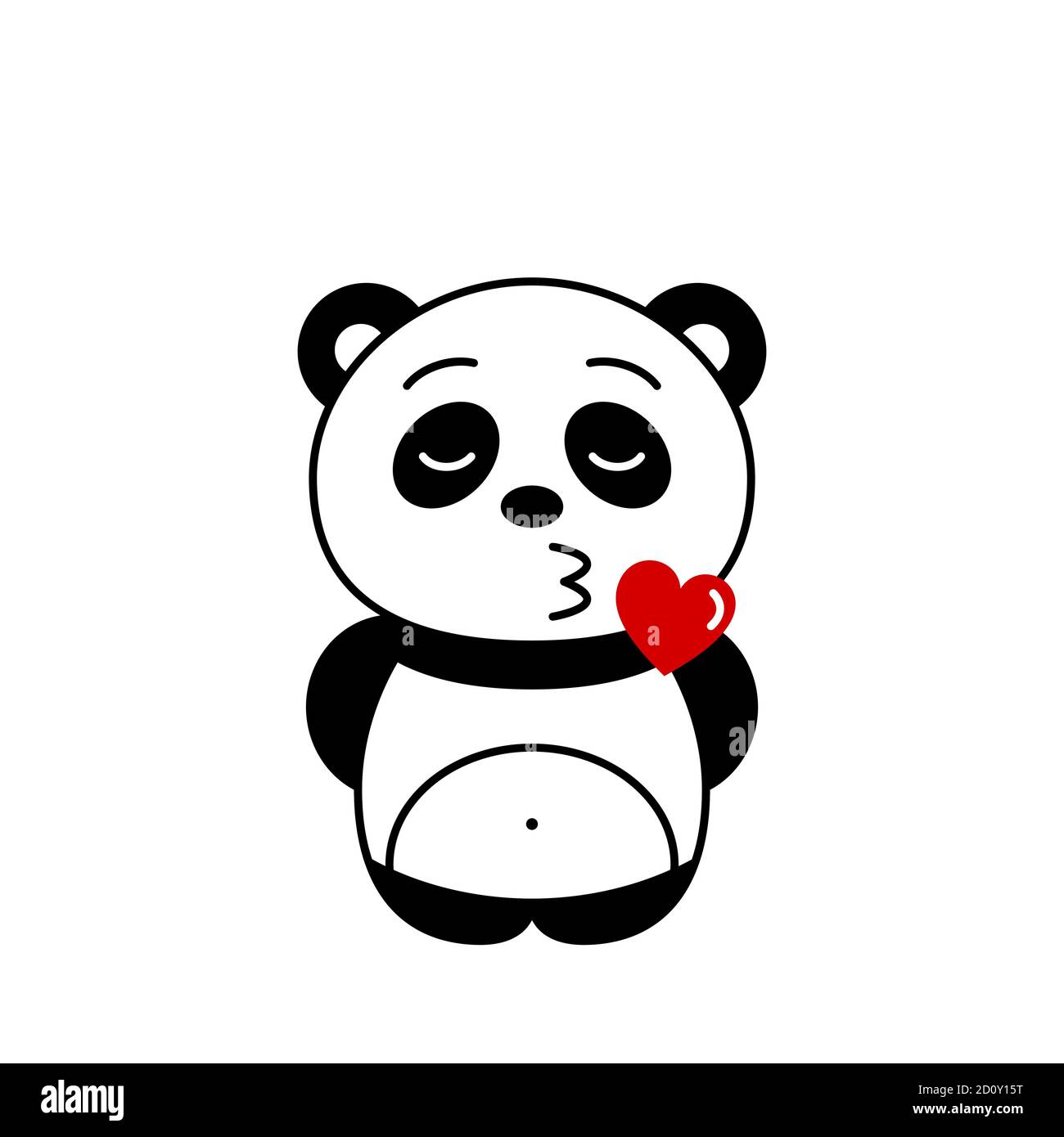 Cute panda blows air kiss. Funny kawaii panda in love. Panda bear emoji sending love. Romantic animal character with heart and lips. Isolated. Vector Stock Vector