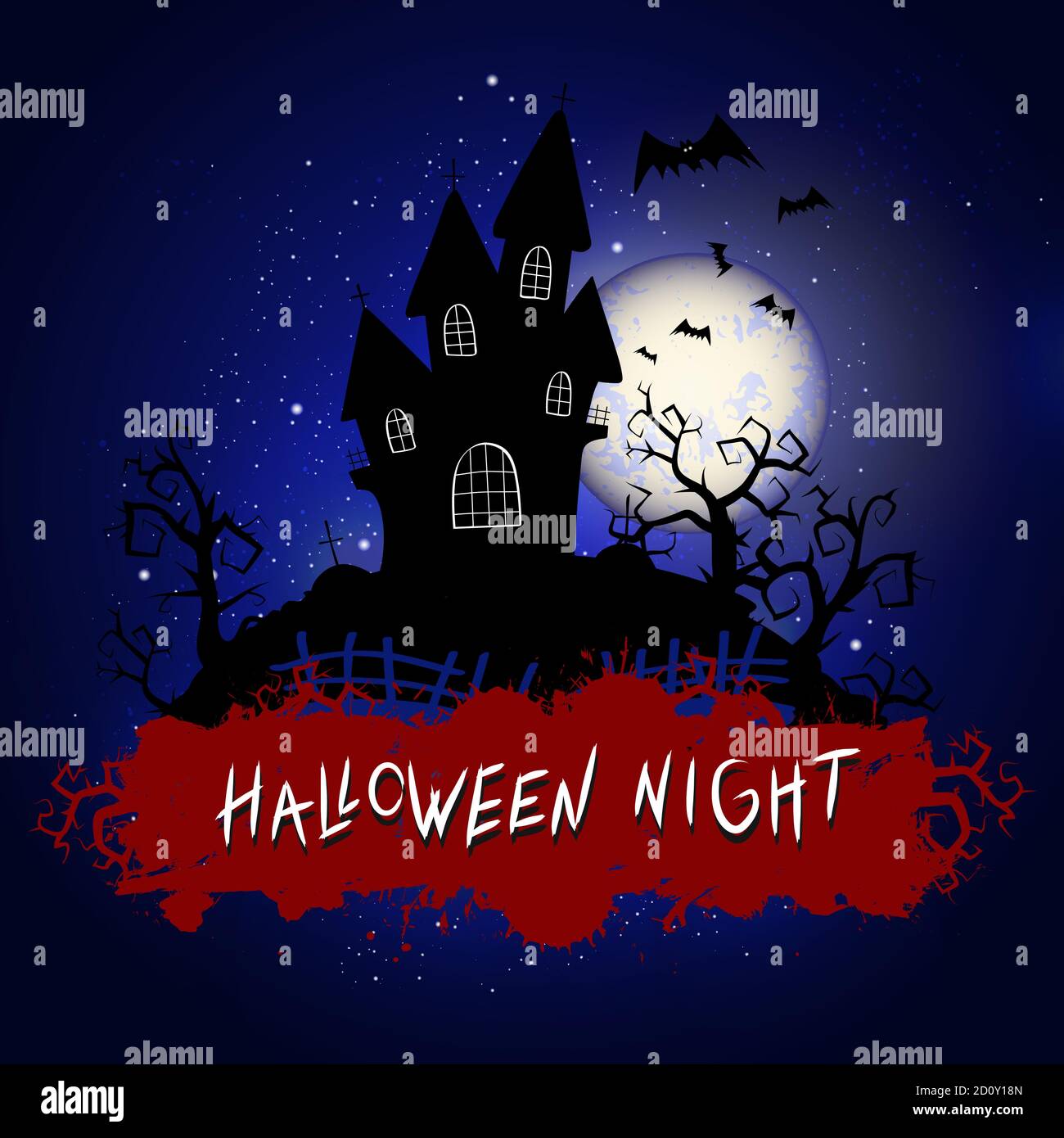 Vector Halloween illustration with sinister castle and inscription on starry sky nightly background with full moon. Blue background. Stock Vector
