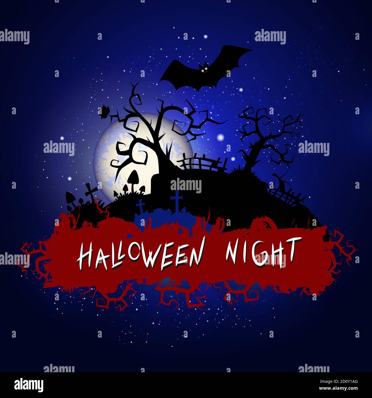Vector Halloween illustration with sinister cemetery and inscription on starry sky nightly background with full moon. Blue background. Stock Vector