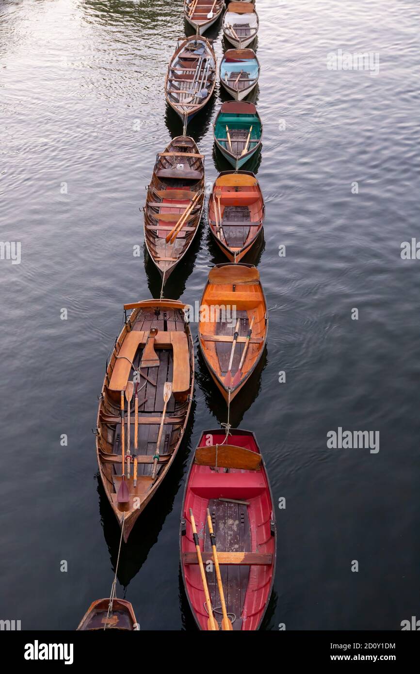 Wooden boats for hire moored on the River Thames in Richmond, Surrey, England Stock Photo