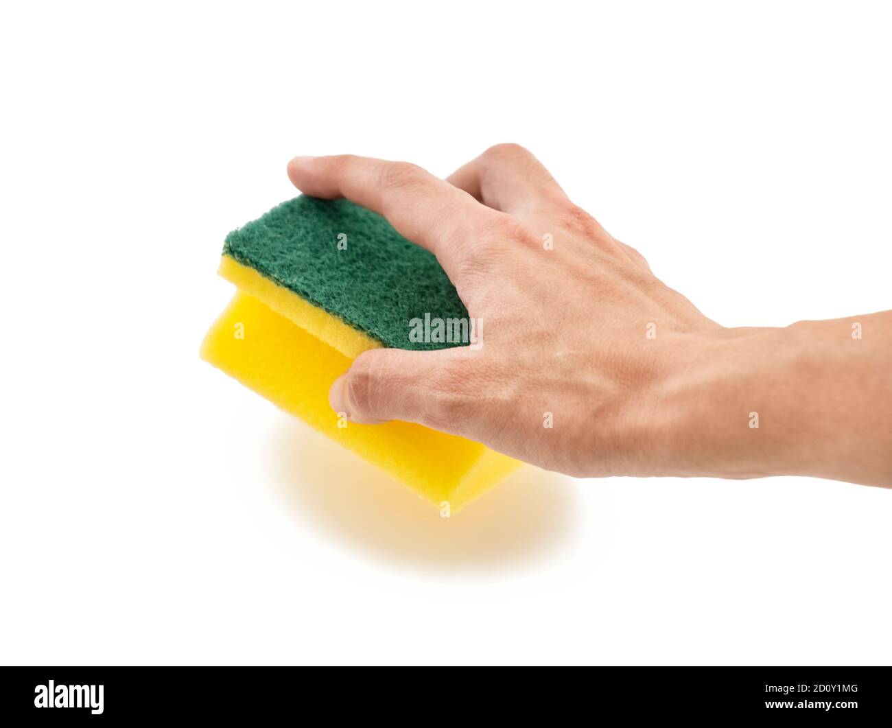 Woman's Hand Holding A Dish Sponge, Isolated On White Surface Stock Photo