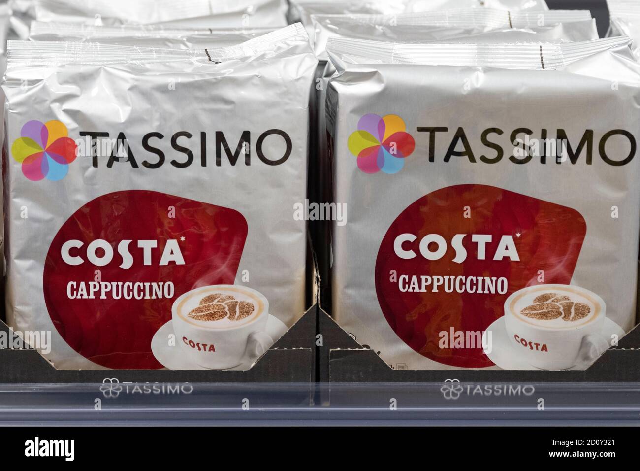 Packets of Costa Coffee Tassimo coffee capsules on sale on a shelf in a supermarket in Cardiff, Wales, United Kingdom. Stock Photo