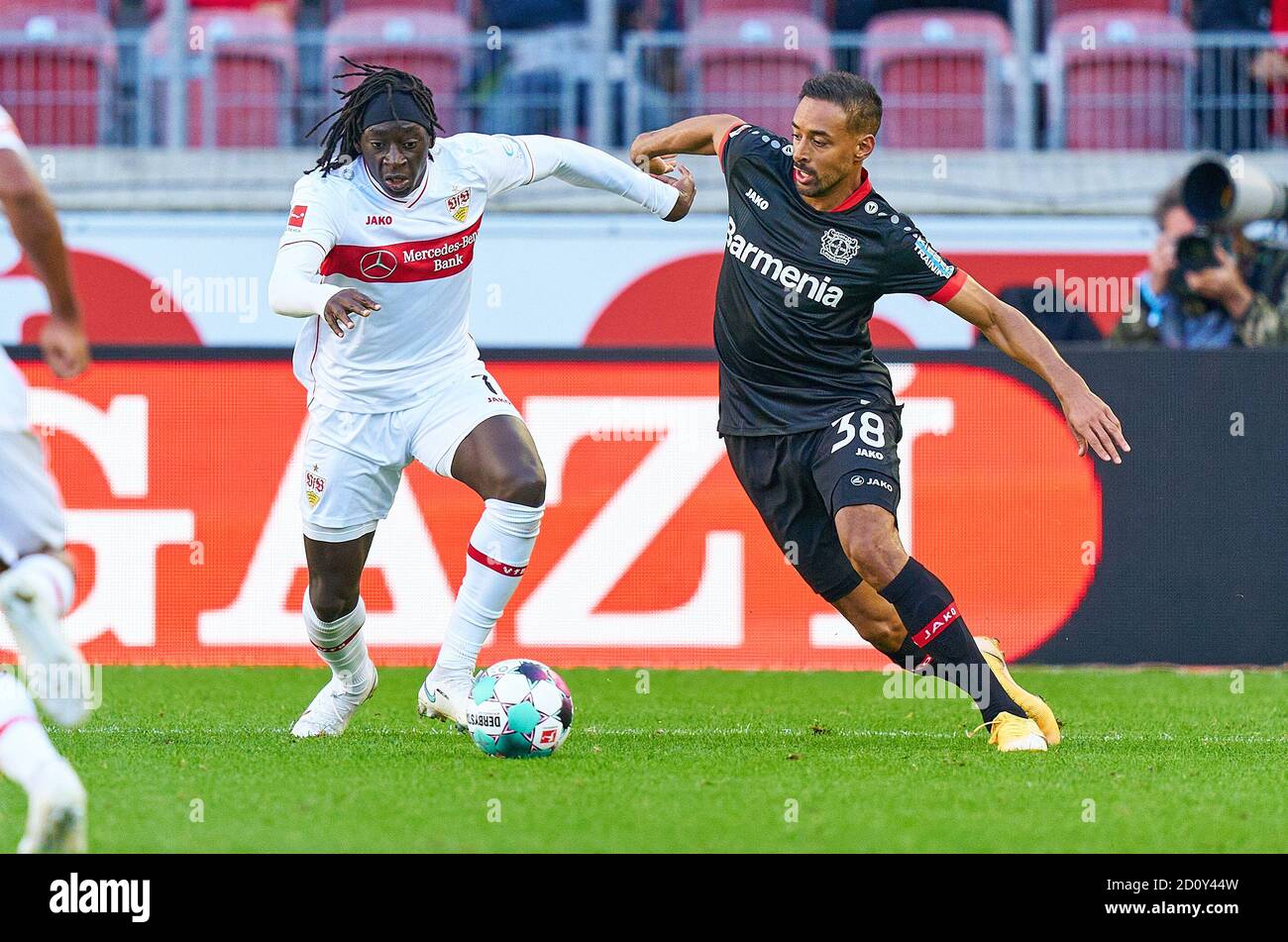 Tanguy Coulibaly Vfb 7 Compete For The Ball Tackling Duel Header Zweikampf Action Fight Against Karim Bellarabi Lev 38 Vfb Stuttgart Bayer 04 Leverkusen 1 1 1 German Soccer League Stuttgart October