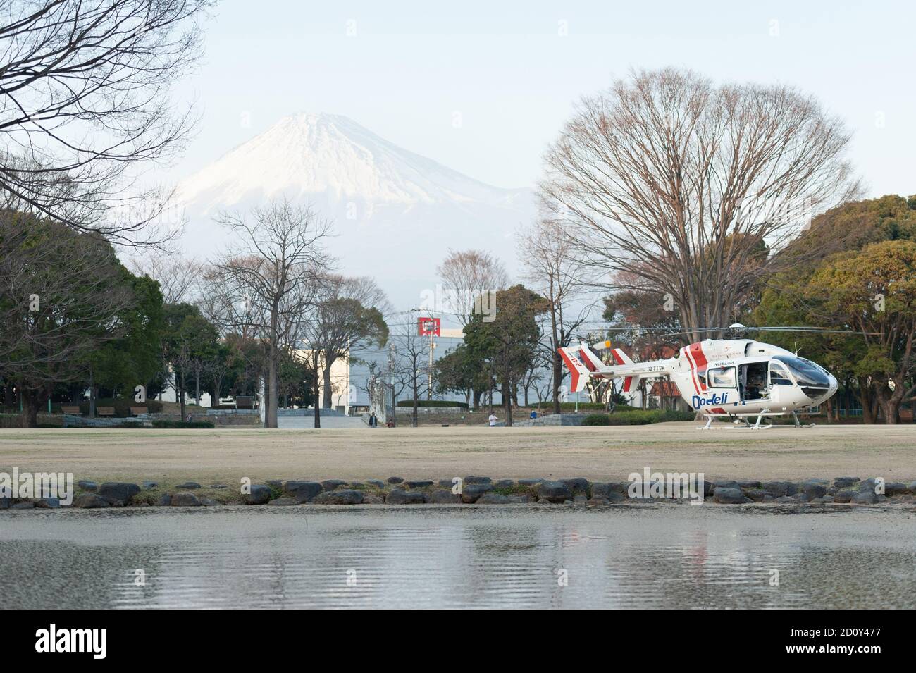 Fuji City, Shizuoka-Ken, Japan - March 9, 2013: Doctor Heli in public park, Japan. Mount Fuji background. Stock Photo