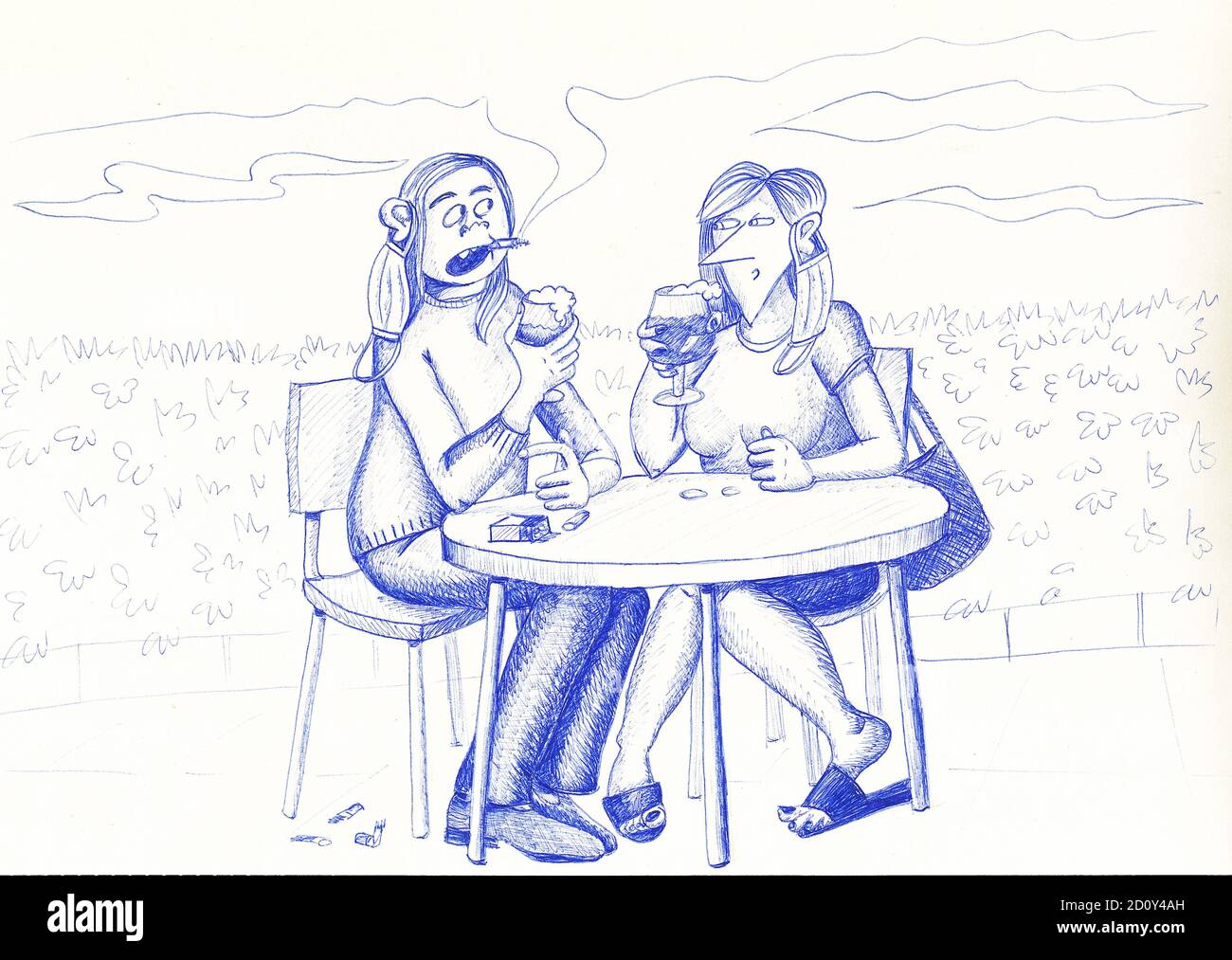 Two women sitting in a terrace drinking beer and smoking in Covid pandemic. Illustration. Stock Photo