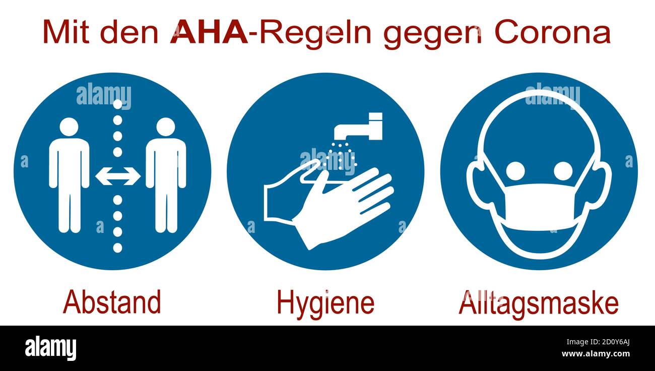 Mandatory signs for Covid-19. German text: 'With the AHA (distance, hygiene, everyday mask) rules against Corona.' Vectorfile Stock Vector