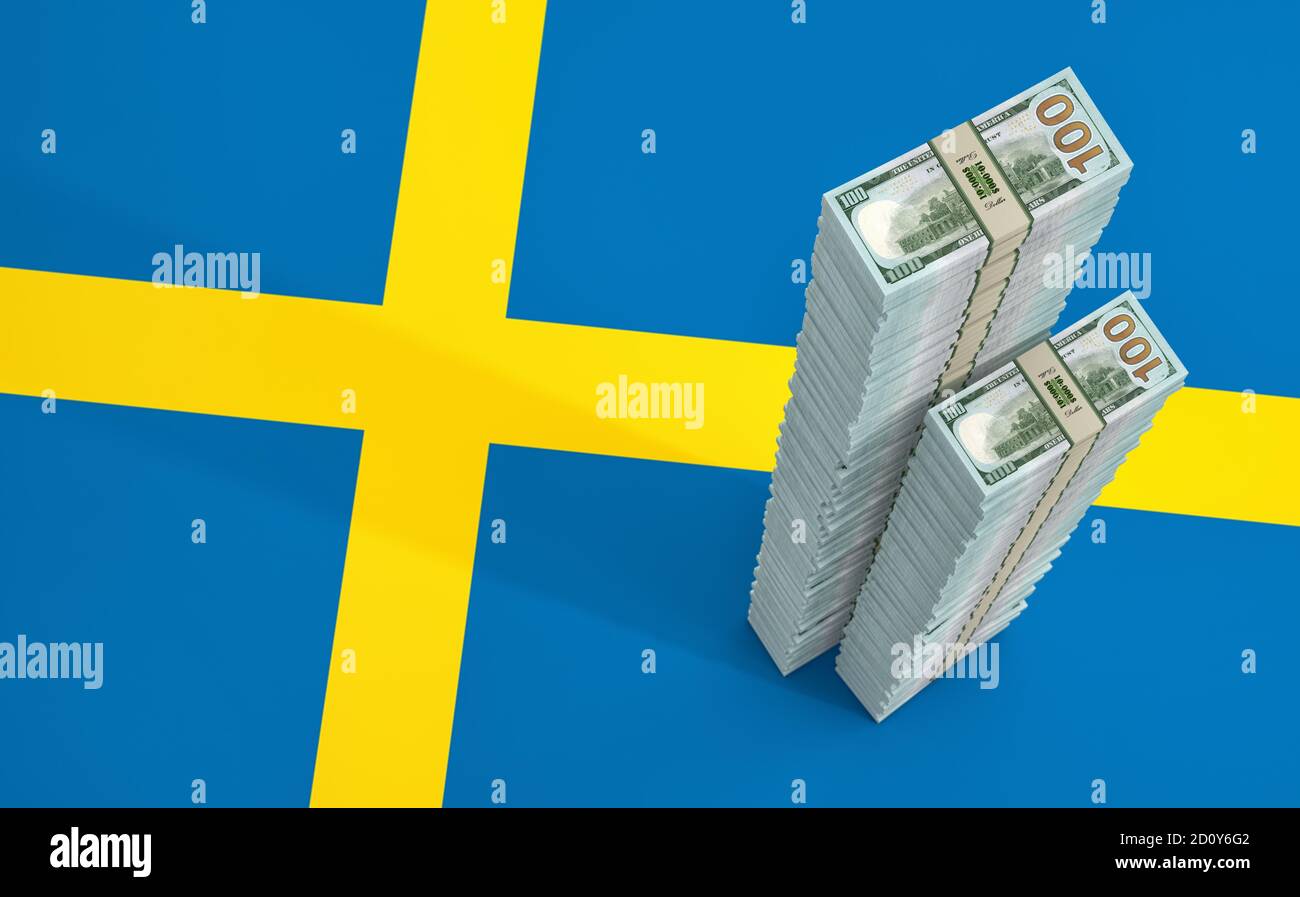 Stacks of 100 Dollar banknotes on Sweden national flag. 3D Rendering ...