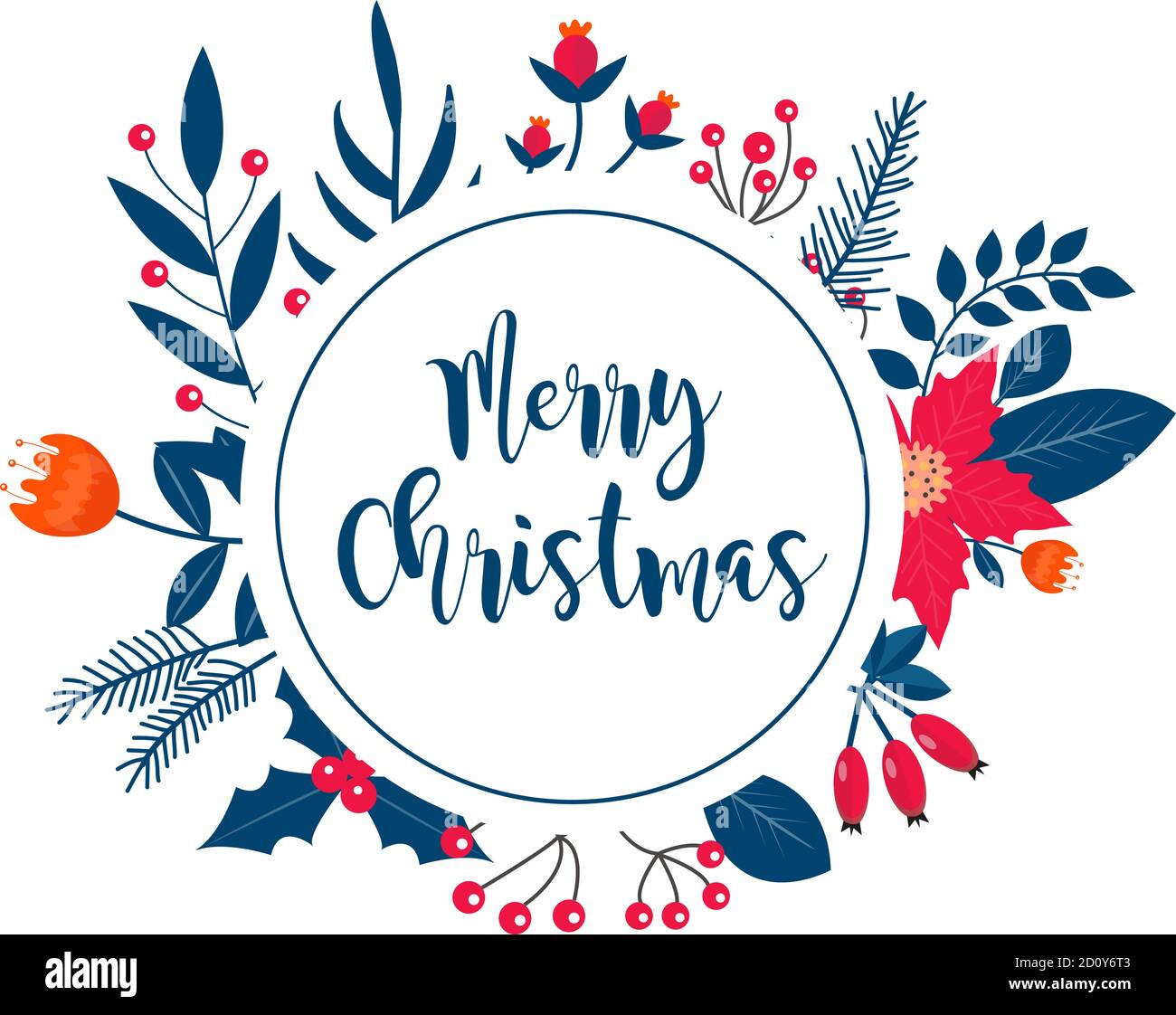 Merry Christmas frame banner with winter plants, holly, poinsettia, fir branch, pine. Template for your design, postcards, invitations. Vector Stock Vector