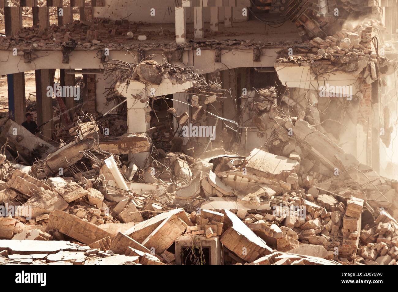 rubble and debris during a building demolition Stock Photo