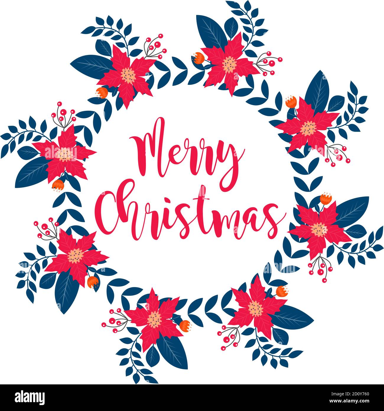 Merry Christmas frame banner with winter plants, holly, poinsettia, fir branch, pine. Template for your design, postcards, invitations. Vector Stock Vector