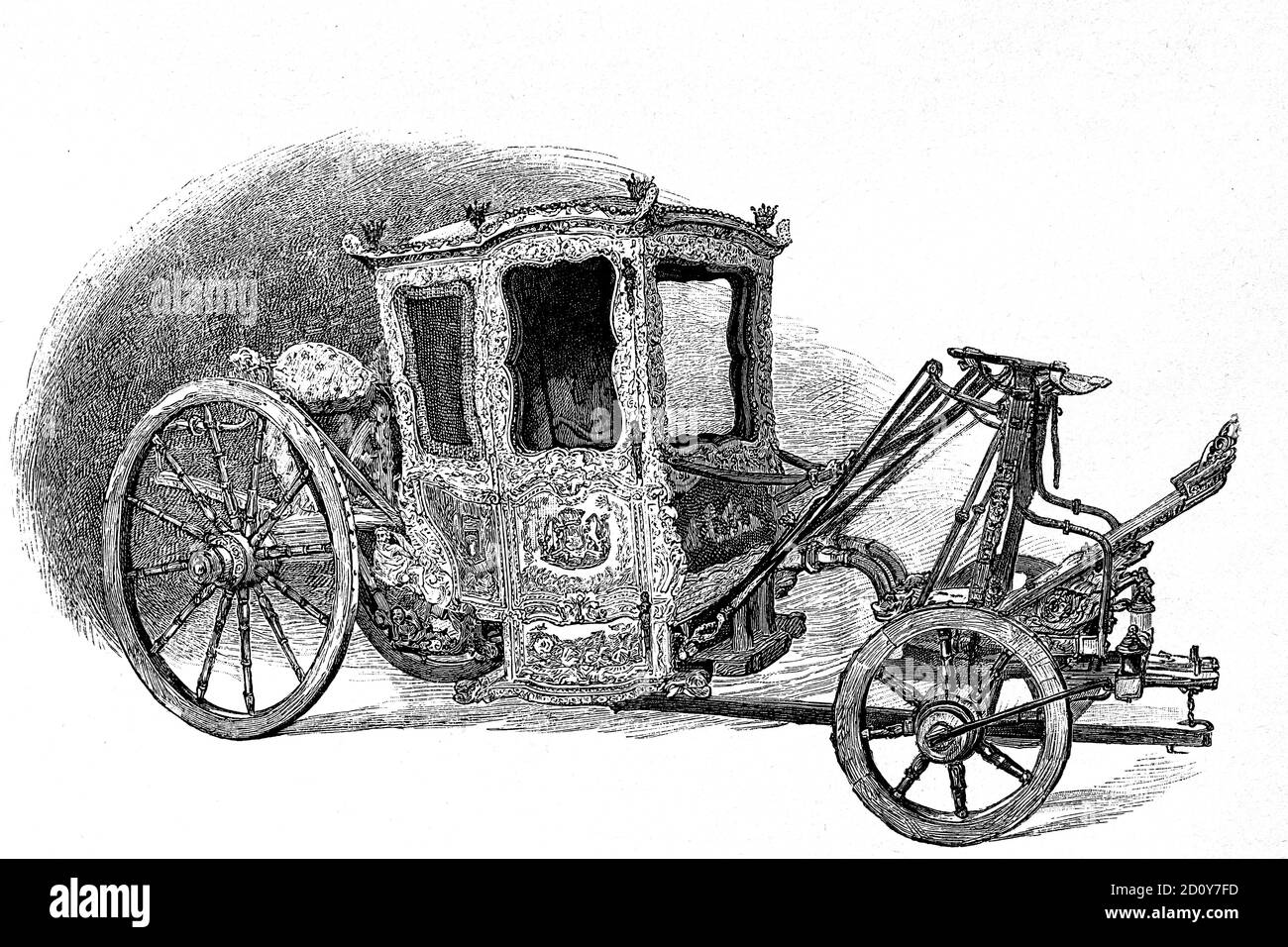 Historic England carriage. Darnley's Gala float, early 18th century. Museum of South Kensington. Antique illustration. 1886. Stock Photo